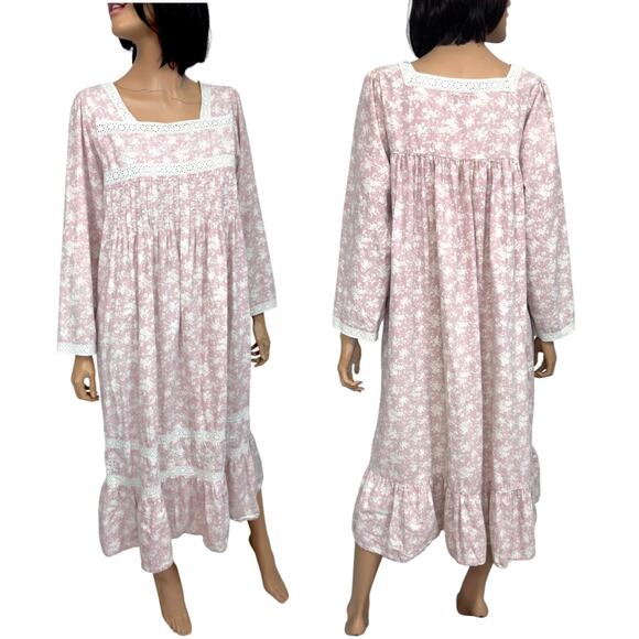 Victorian Cotton Nightgown Prairie Dress M Pintuck Eyelet Lace Peasant Cozycore - Picture 1 of 9